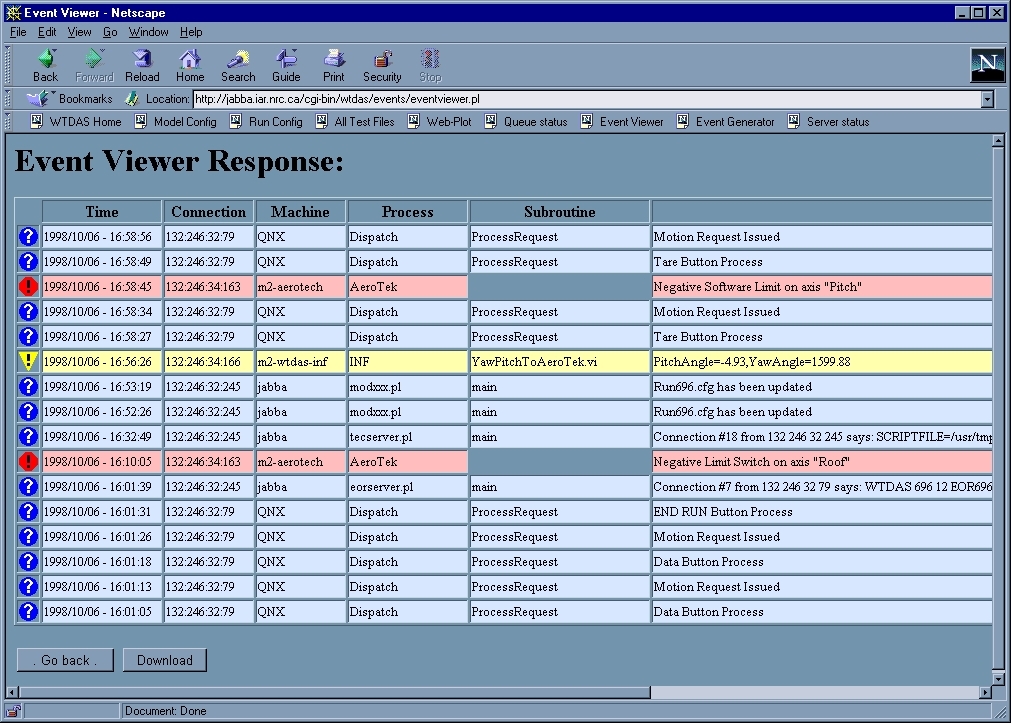 Event viewer response web page